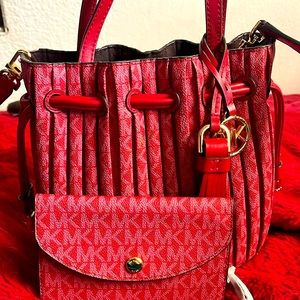 Used Red MK Logo Drawstring Small Purse W/ Logo Wallet